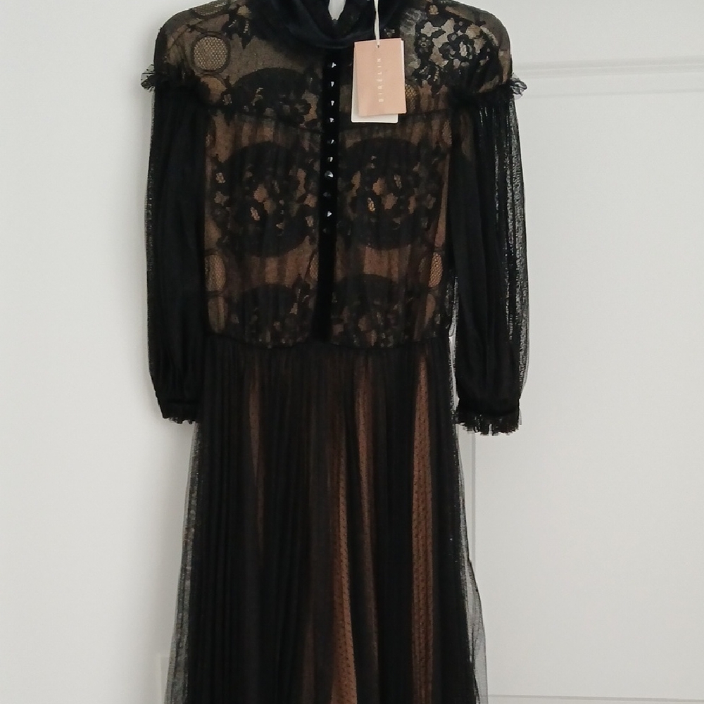 Black Lace Overlay Long Sleeve Dress